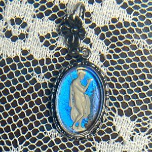 Vintage Morpho Butterfly Wing Pendant with Greek or Roman Woman